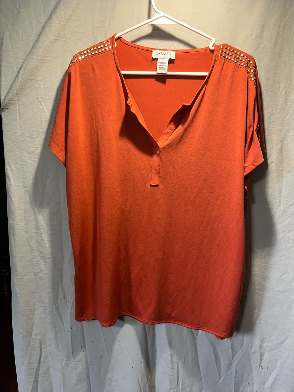 Women's Stud-Shoulder Split-Neck Top in Orange